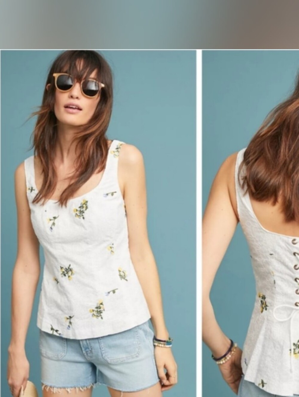 Anthropologie VANESSA VIRGINIA White Dandelion Floral Embroidered Corset Tank